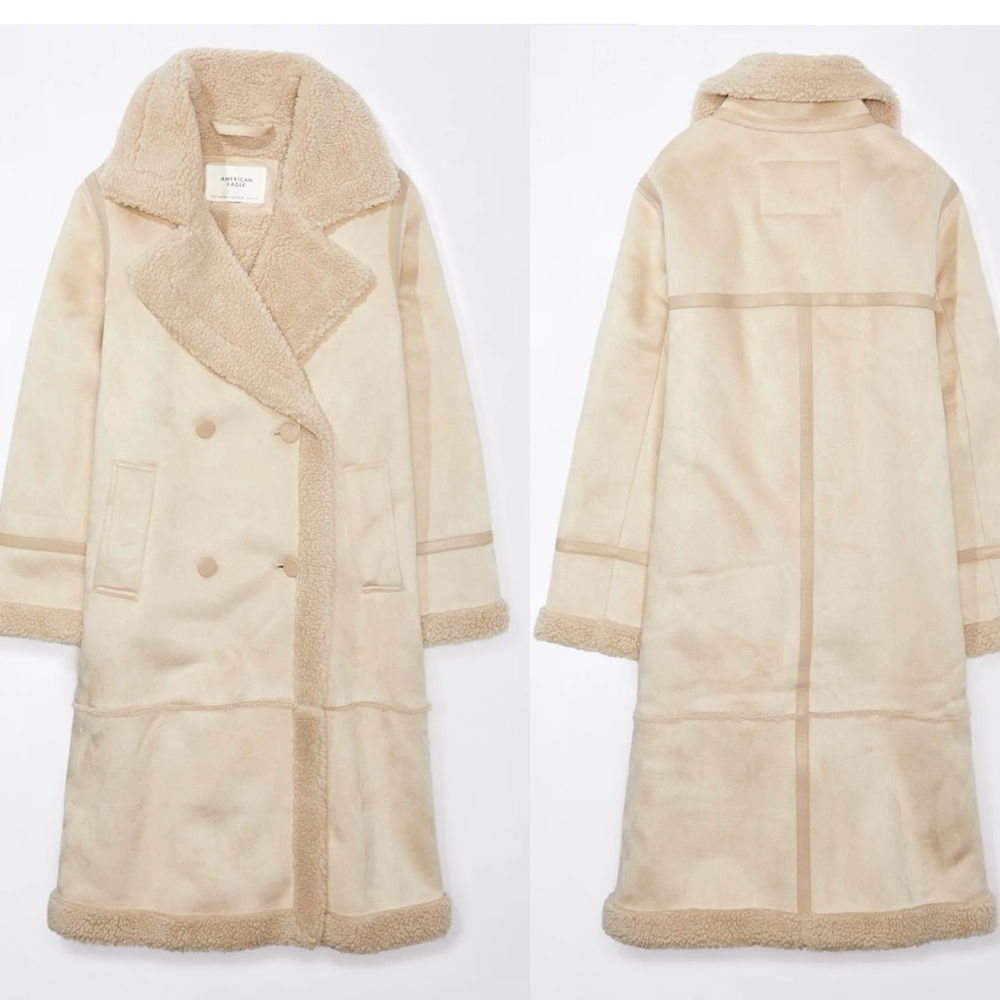 American Eagle double-breasted Vegan faux shearling coat light beige cream Sz L - Picture 3 of 14